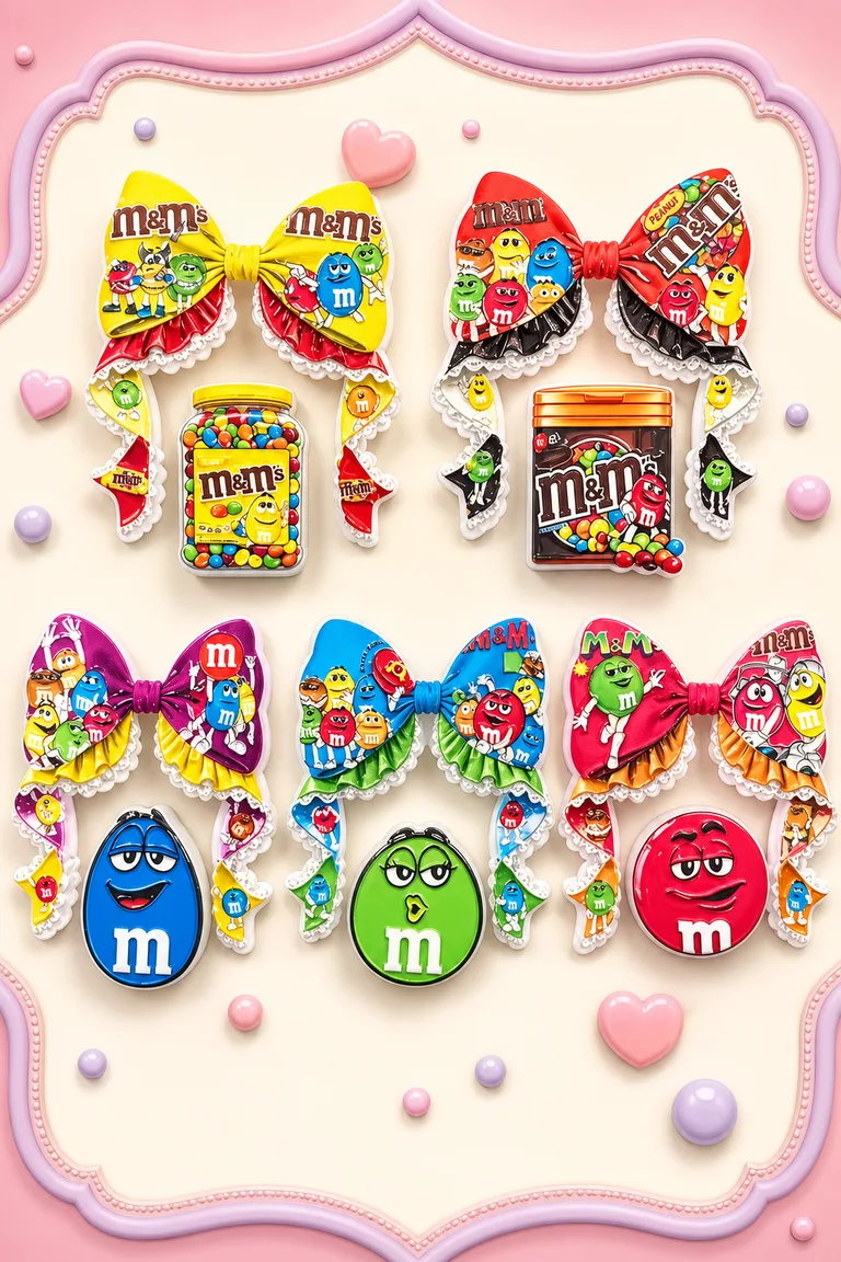 Five colourful candy-themed bow and resin focal sets